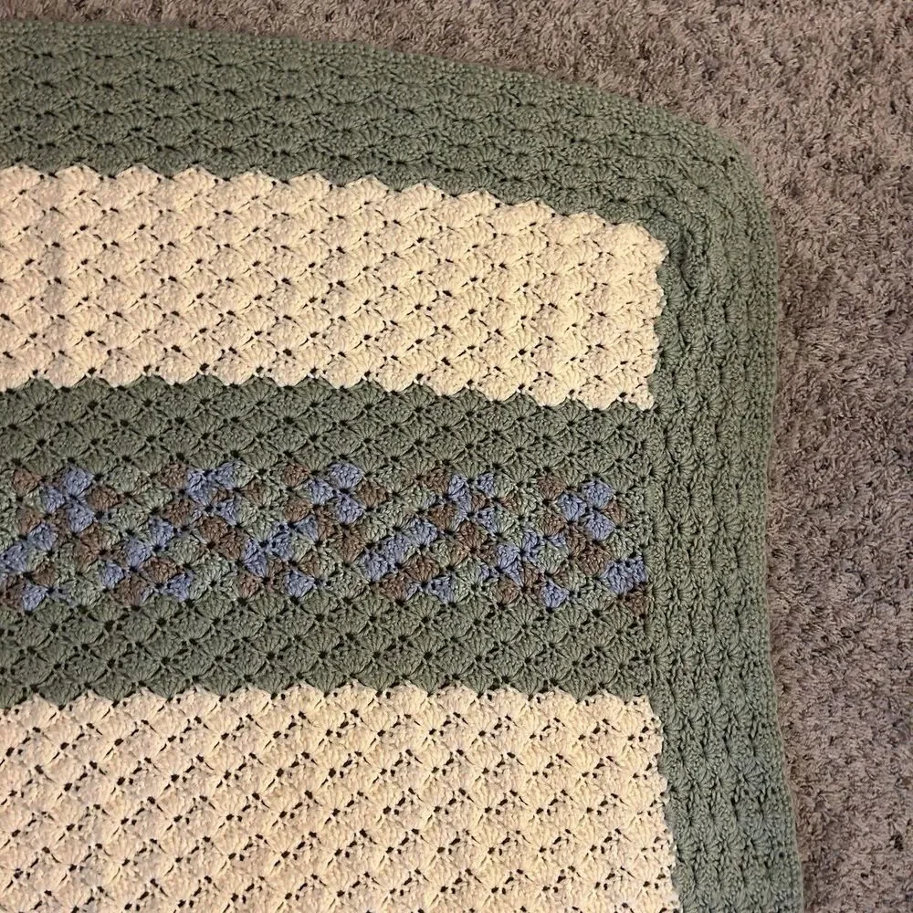 Handmade Crochet Afghan Lap/sofa Blanket 38 x 70” Green Cream Blue Brown